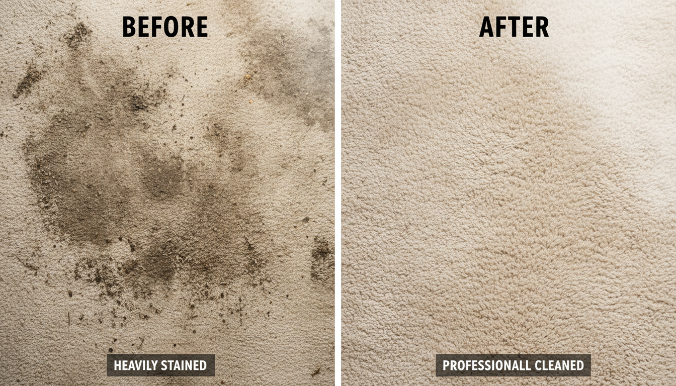 Before and after professional carpet cleaning showing dramatic results