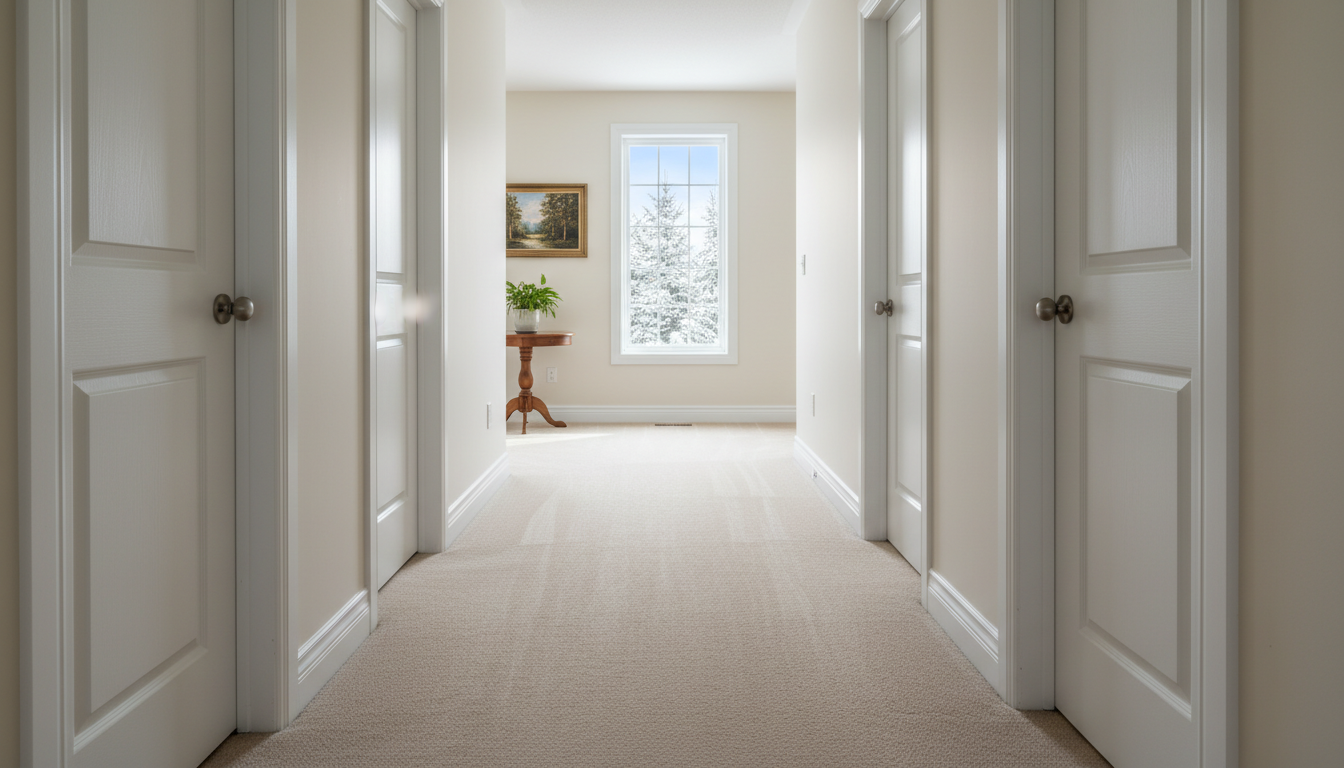 Clean, freshly extracted carpet in a Sturgeon Falls home hallway showing the results of professional truck-mounted cleaning