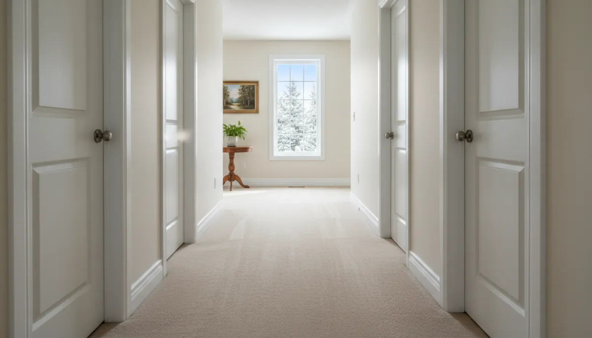 Clean hallway carpet in a Bonfield family home after professional truck-mounted carpet extraction