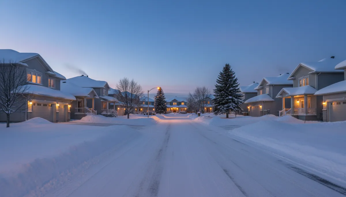 West Nipissing residential street in winter with road salt conditions along Highway 17 corridor