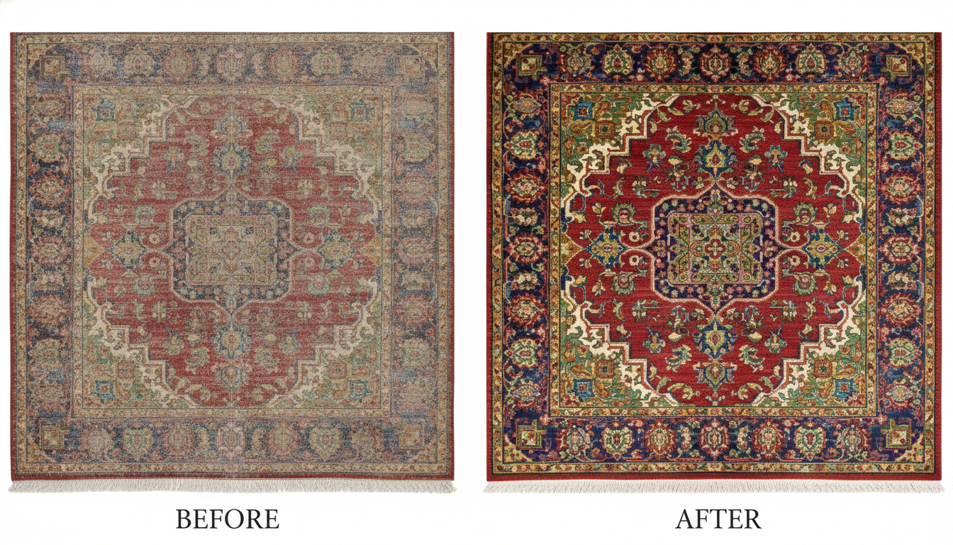 Before and after comparison of area rug cleaning showing colour restoration in North Bay