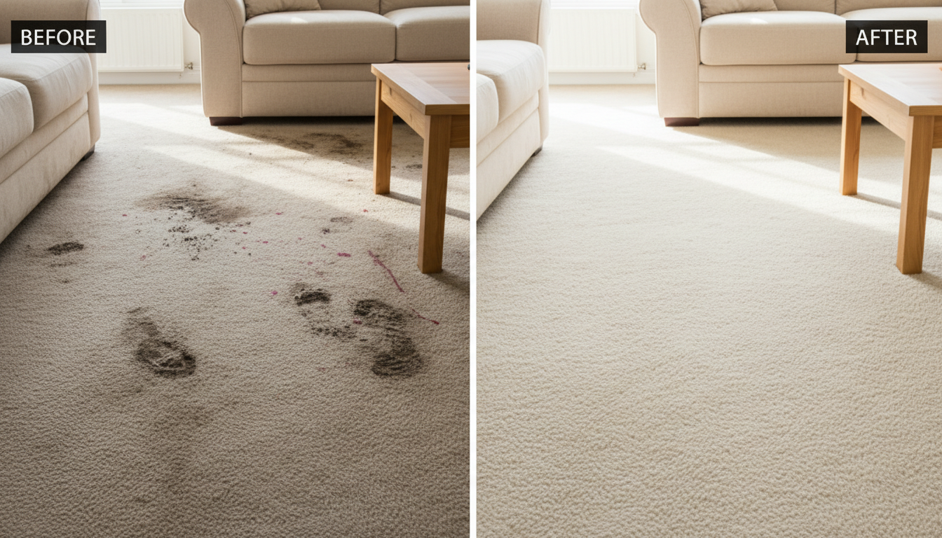 Before and after comparison of professional carpet cleaning results in a North Bay residential home