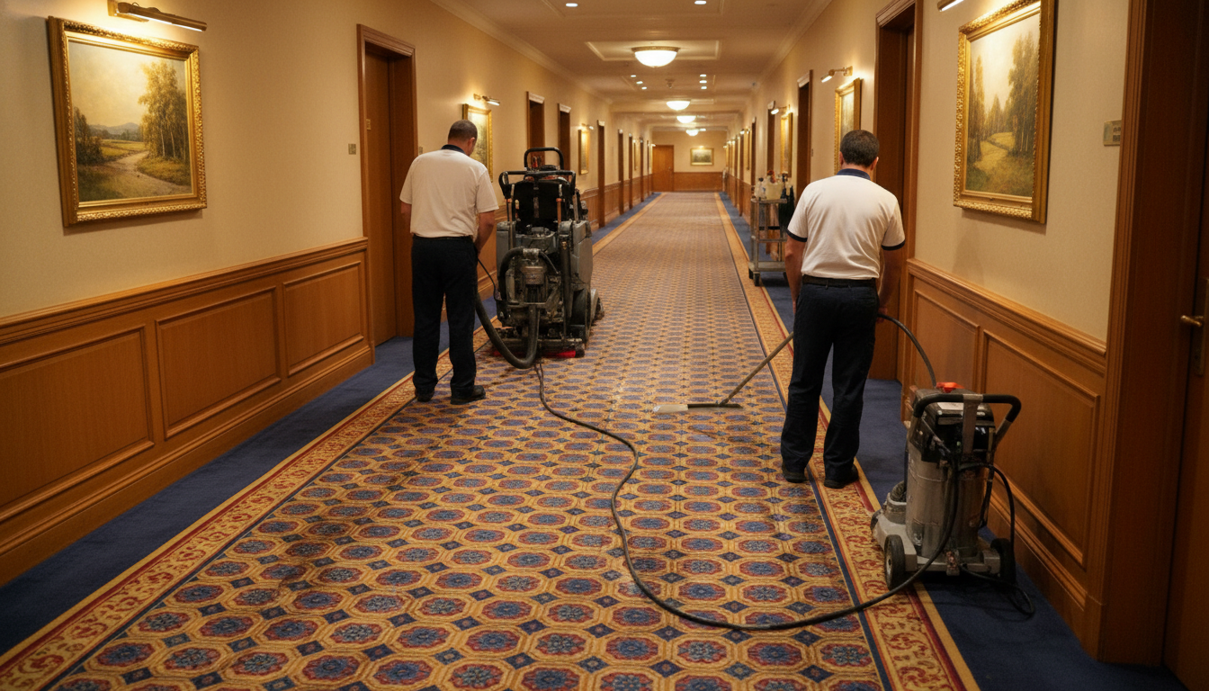 Commercial carpet cleaning in a North Bay hotel lobby and hallway