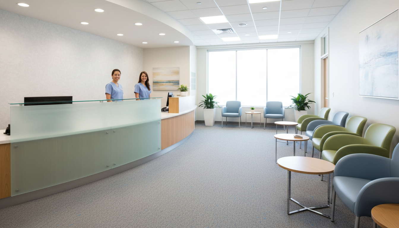 Professional carpet cleaning in a medical facility waiting room in North Bay