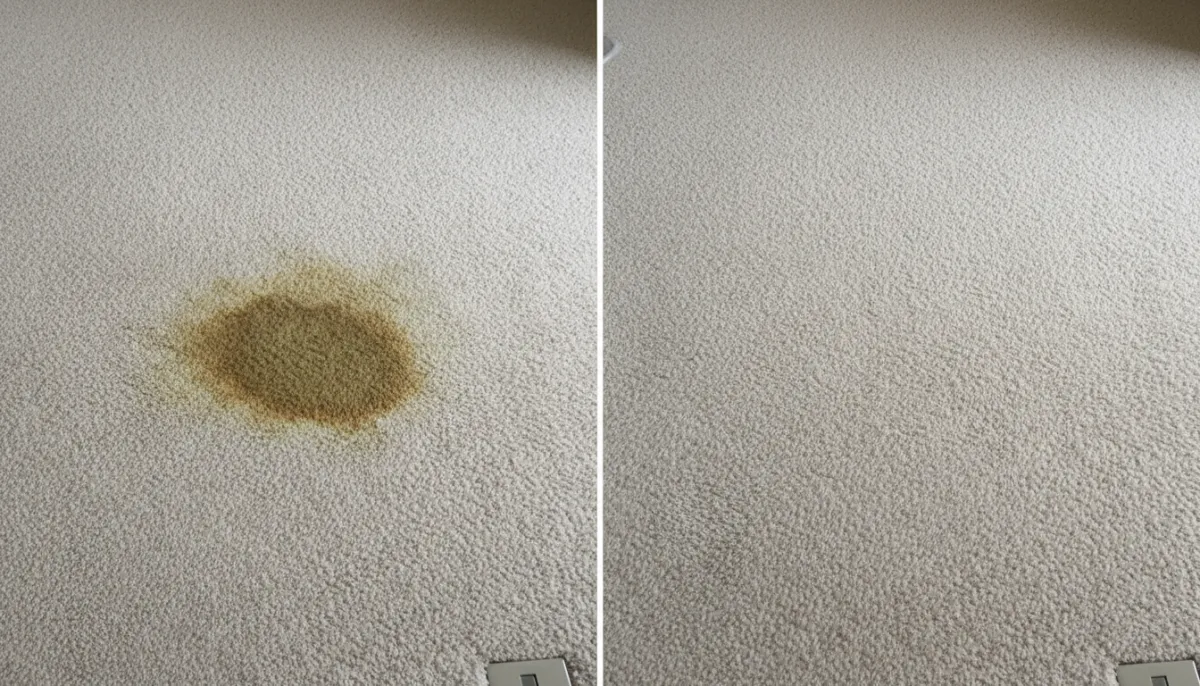 Before and after pet stain removal results on carpet in a Cache Bay lakeside home