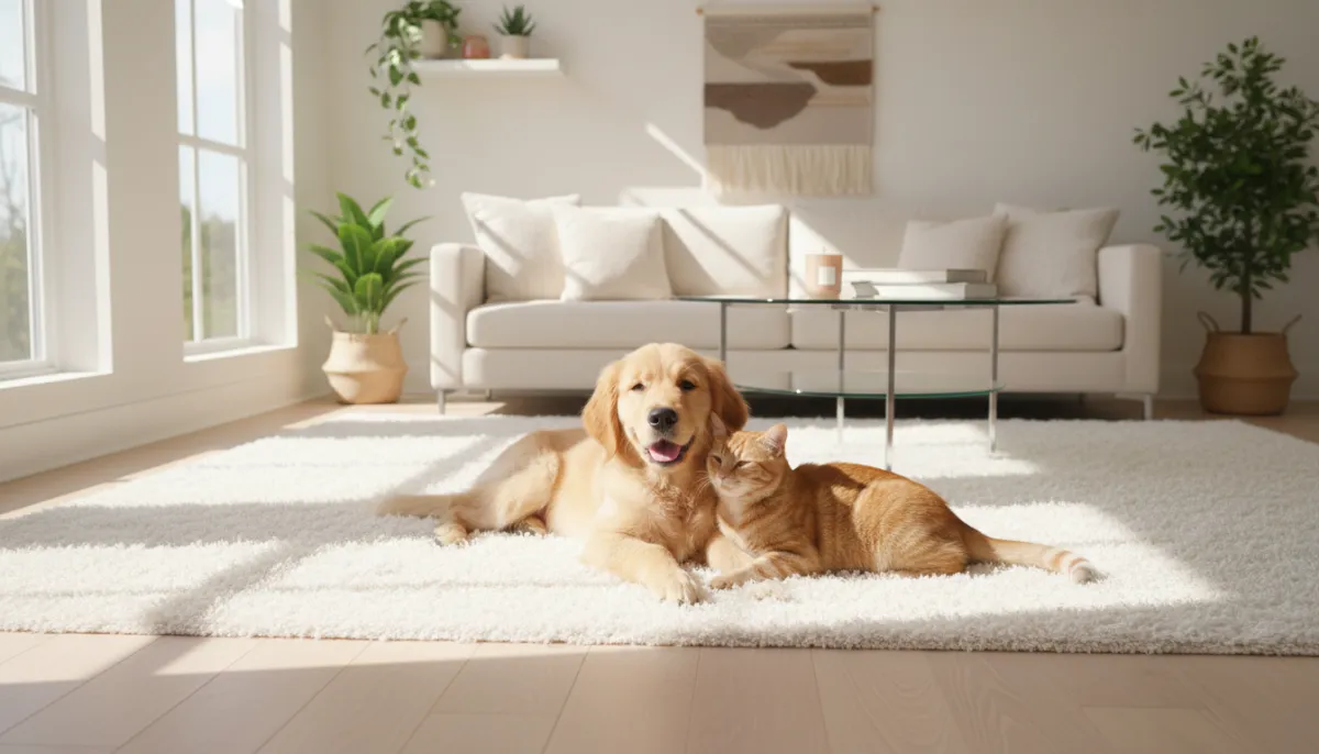 Dog and cat on clean carpet after professional pet odor removal treatment in North Bay