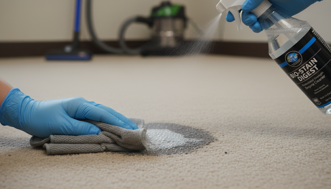 Professional enzyme treatment being applied to pet stain on carpet in North Bay