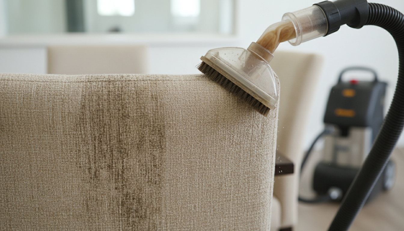 Close-up detail of professional upholstery cleaning on fabric furniture in North Bay
